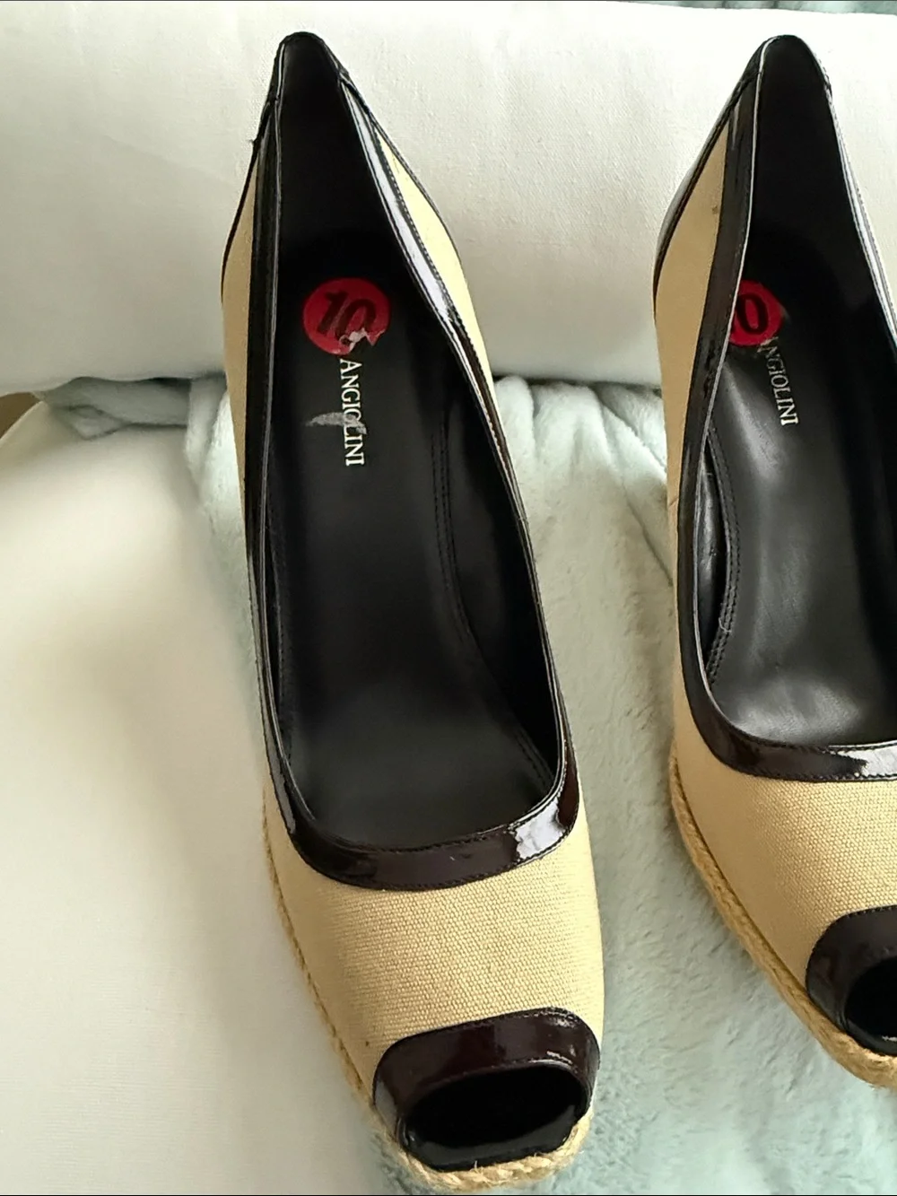 Enzo Angiolini Beige and Black Espadrille Wedge Peep-Toe Pumps